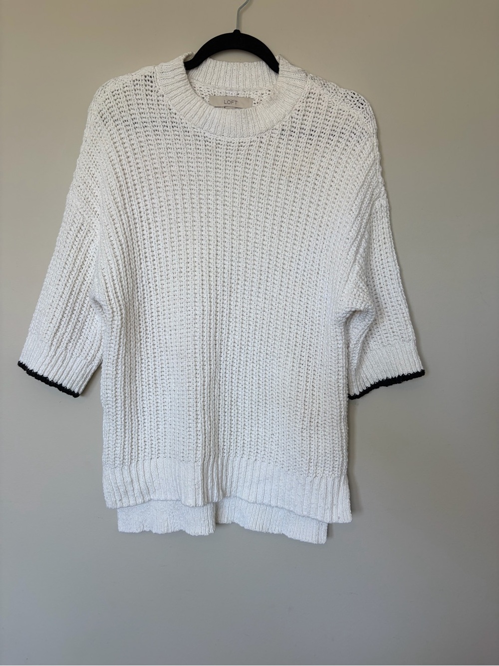 LOFT 100% cotton white chunky knit sweater with trimmed sleeves Medium